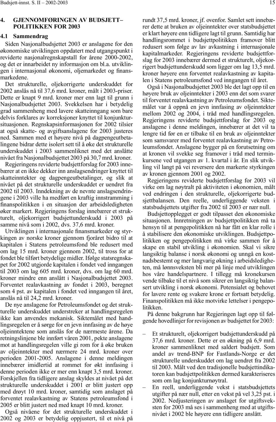 informasjon om bl.a. utviklingen i internasjonal økonomi, oljemarkedet og finansmarkedene. Det strukturelle, oljekorrigerte underskuddet for 2002 anslås nå til 37,6 mrd. kroner, målt i 2003-priser.