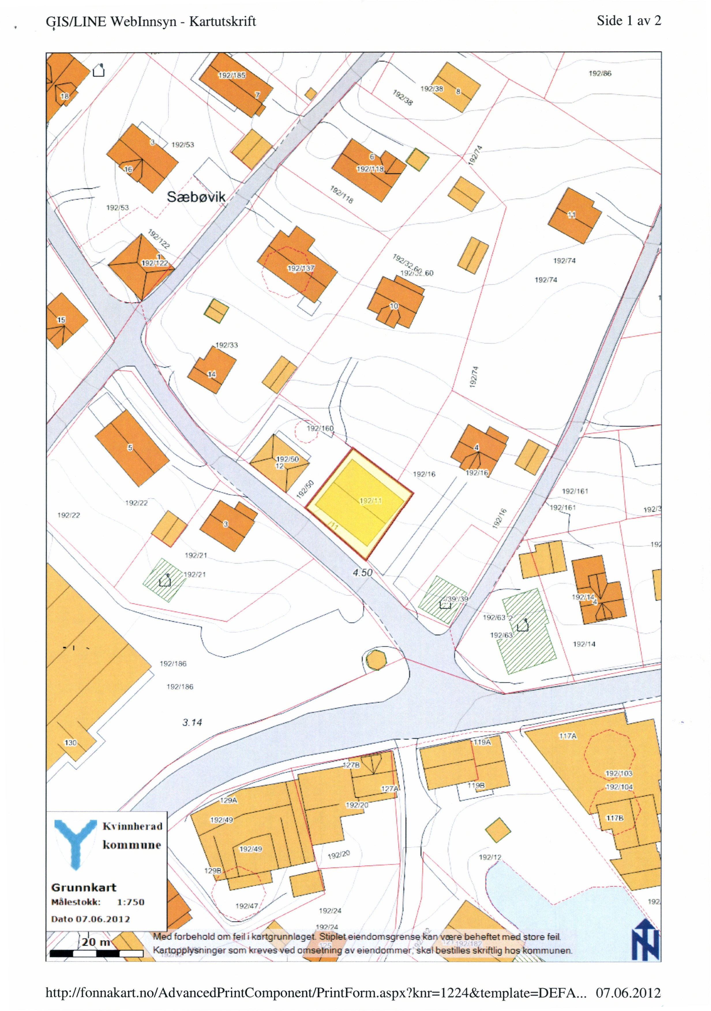 Side 1 av 2 GIS/LINE WebInnsyn - Kartutskrift 192:86-9??'? 1972? '97,71,?7R..-- 1175 kommune, 197,49 197,12 y Kvinnherad I Grunnkart Malestokk: :/50 Q2..47 Delto 07106.