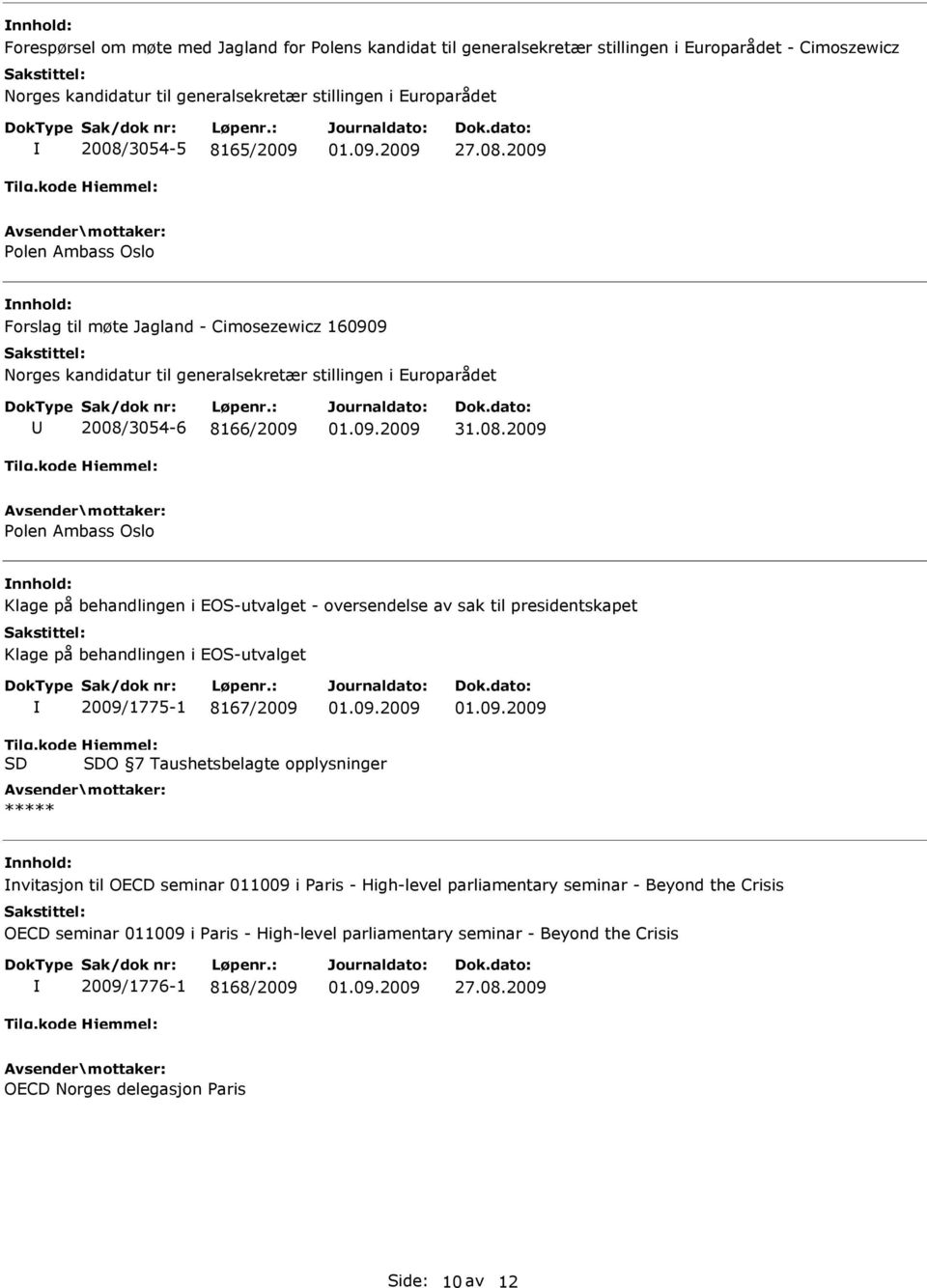 EOS-utvalget - oversendelse av sak til presidentskapet Klage på behandlingen i EOS-utvalget 2009/1775-1 8167/2009 O 7 Taushetsbelagte opplysninger nvitasjon til OECD seminar 011009 i Paris -