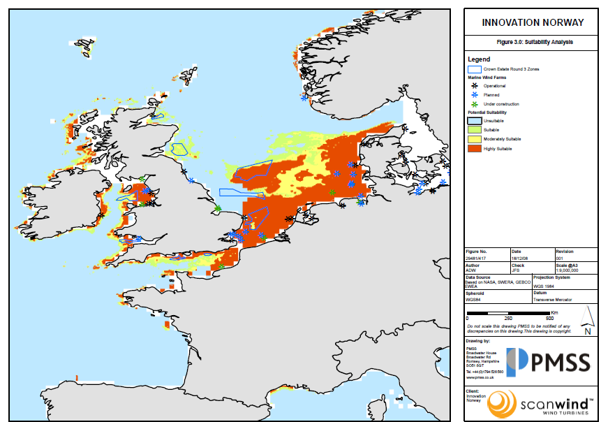 Attraktive områder fra et fysisk synspunkt Norway Unsuitable DK Suitable Moderately suitable Highly suitable Ireland UK France Germany Netherlands Belgium Market definition based on water depth and