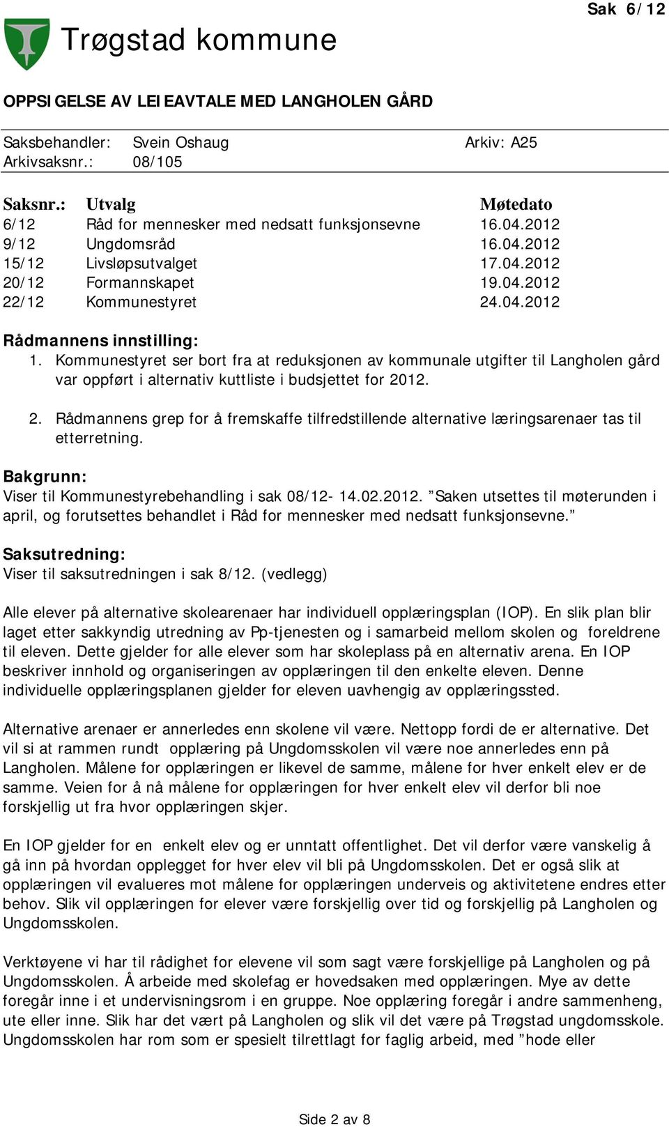 Kommunestyret ser bort fra at reduksjonen av kommunale utgifter til Langholen gård var oppført i alternativ kuttliste i budsjettet for 20