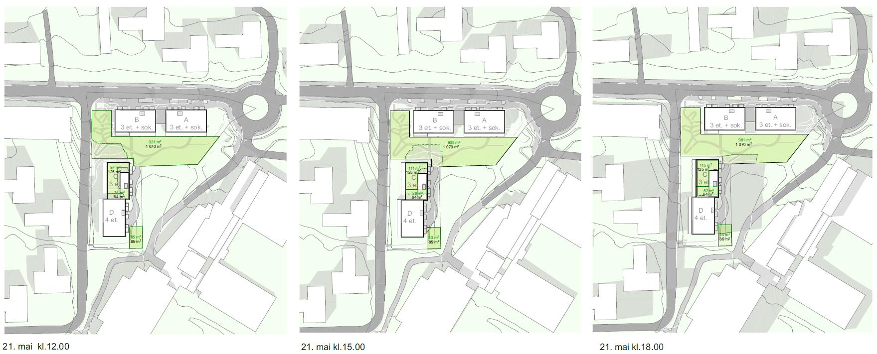 Side 5 nord for planområdet 21. mars kl 15.00. 21. mai og 21. juni vil ikke prosjektet kaste skygge på blokkene nord for planområdet.