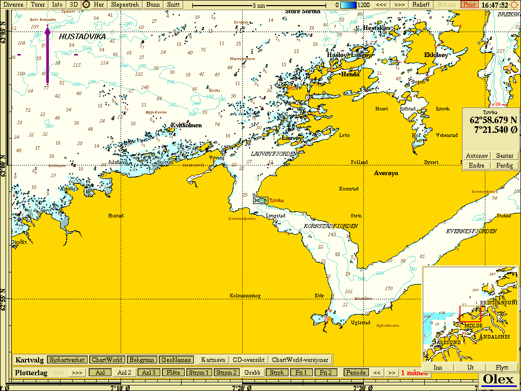 Figur 1. Oversiktskart-sjøkart (nordlig orientering) med avmerking av lokaliteten Tøvika (fiskesymbol). Tabell 3. Koordinater prøvetakingspunkter. Stasjon 1 2 3 4 Posisjon 62 o 58.616 'N 7 o 21.