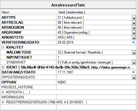 4.2.2. Egenskaper for AR5flate Velg meny Kartredigering Gi/Endre Egenskaper. Klikk på aktuell AR5flate i kartet for å få opp egenskapsdialogen.