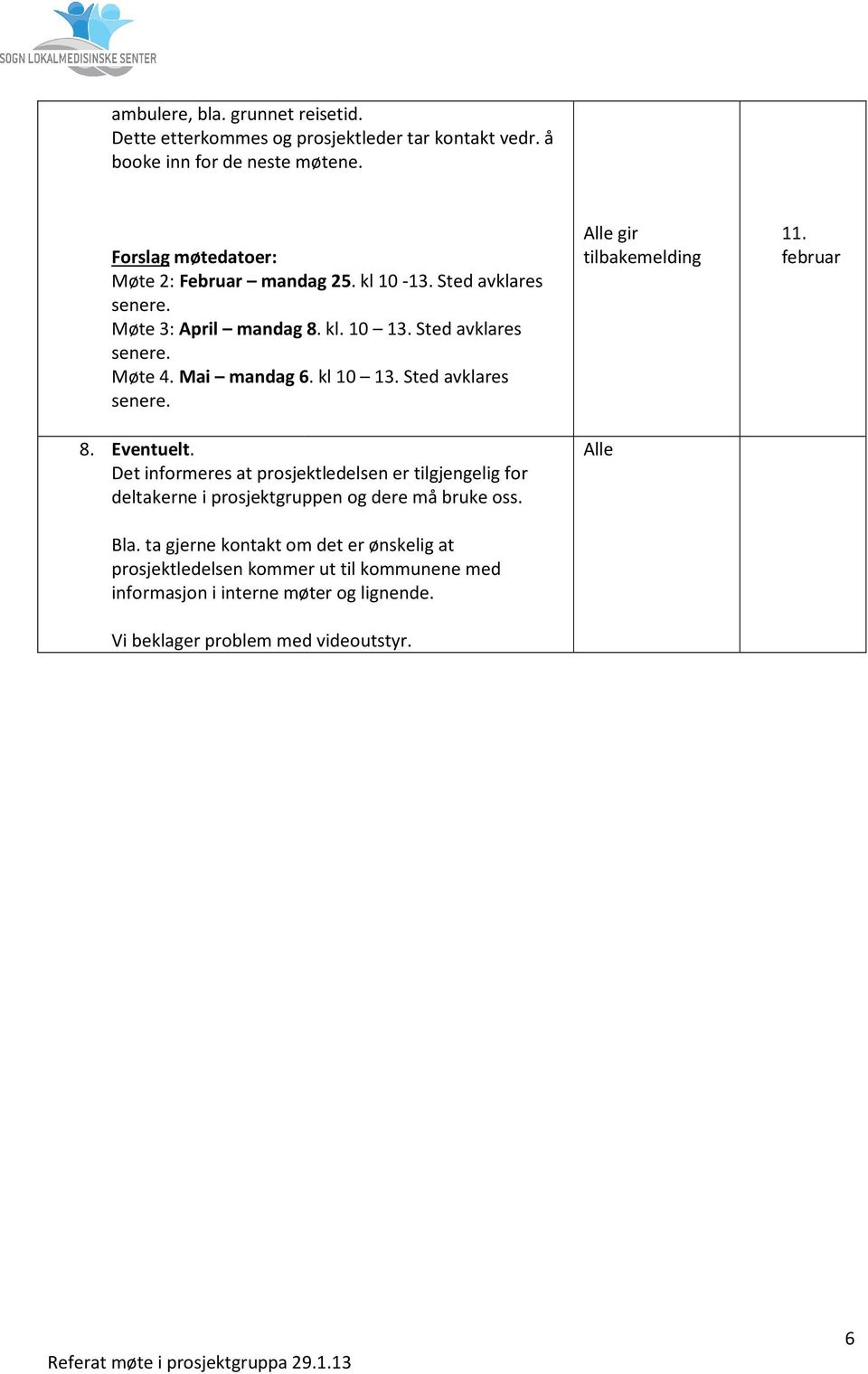 kl 10 13. Sted avklares senere. 8. Eventuelt. Det informeres at prosjektledelsen er tilgjengelig for deltakerne i prosjektgruppen og dere må bruke oss. Bla.