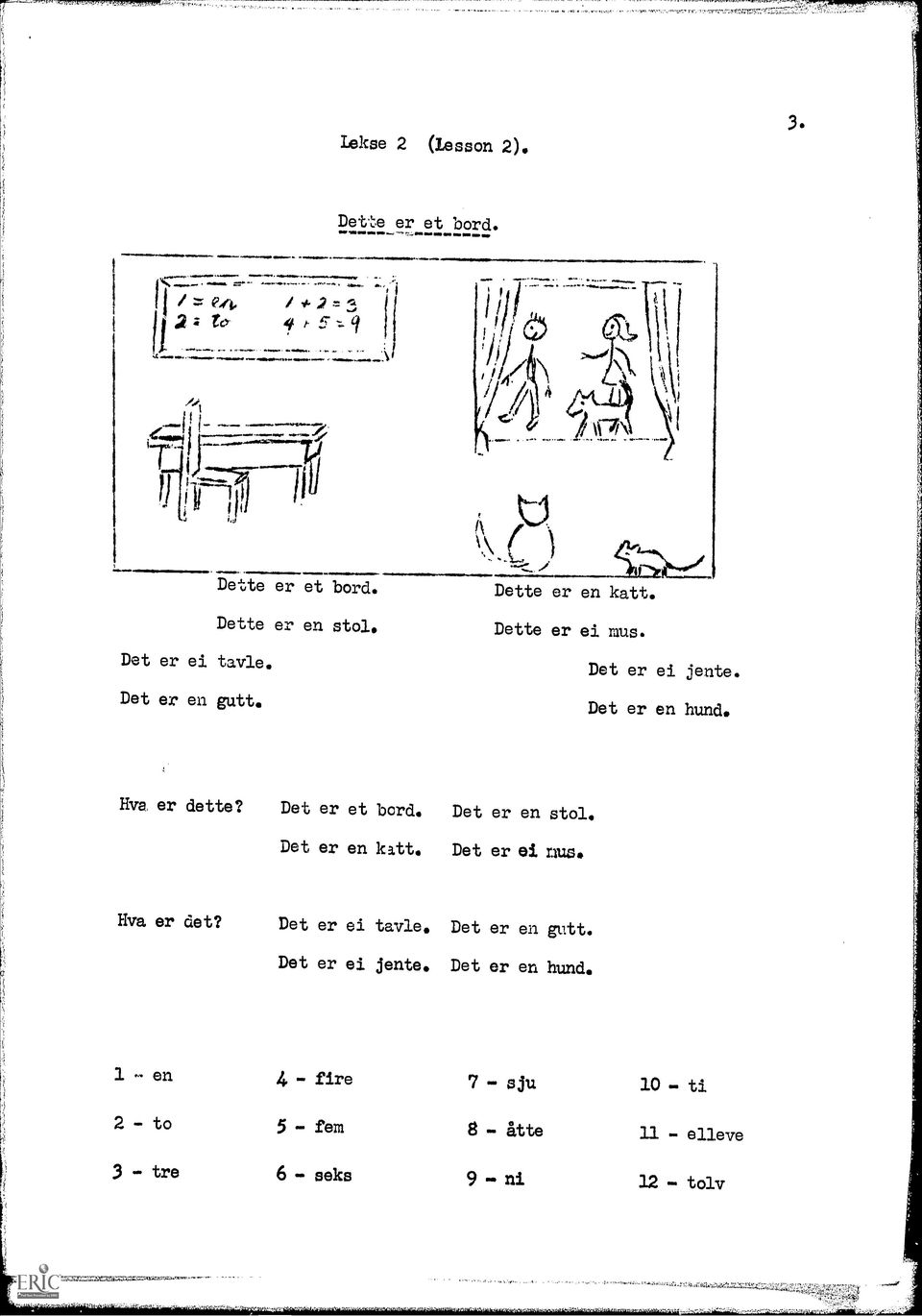 Det er ei jente. Det er en hund. Hva, er dette? Det er et bard. Det er en stol. Det er en katt. Det er ei raus Hva er det? Det er ei tavle.