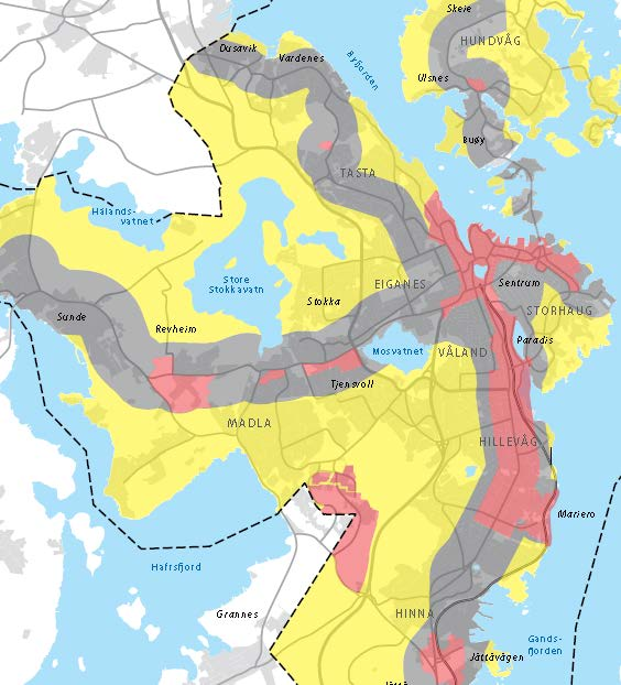 Figur 10 Parkeringssoner for virksomheter i Stavanger kommune. Rød felter viser utvidede sentrumssoner. Grå felter viser hovedakser for kollektivtransport og gule felter er resten av kommunen.