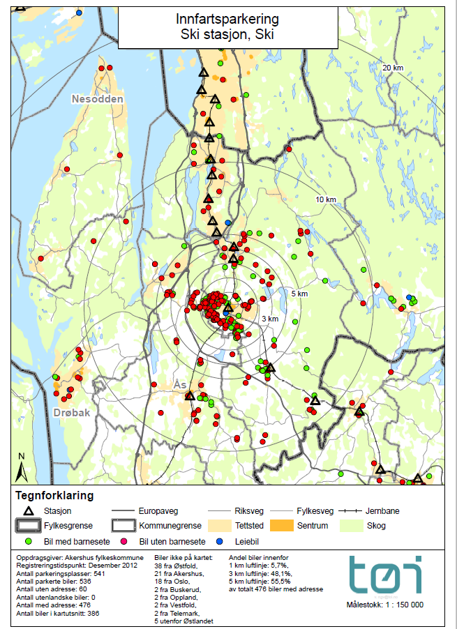 Figur 16 Bosted for brukere av pendlerparkering i Ski sentrum. Nær halvparten er bosatt innenfor en radius på 3 kilometer. Flere er bosatt i nær tilknytning til andre jernbanestasjoner.