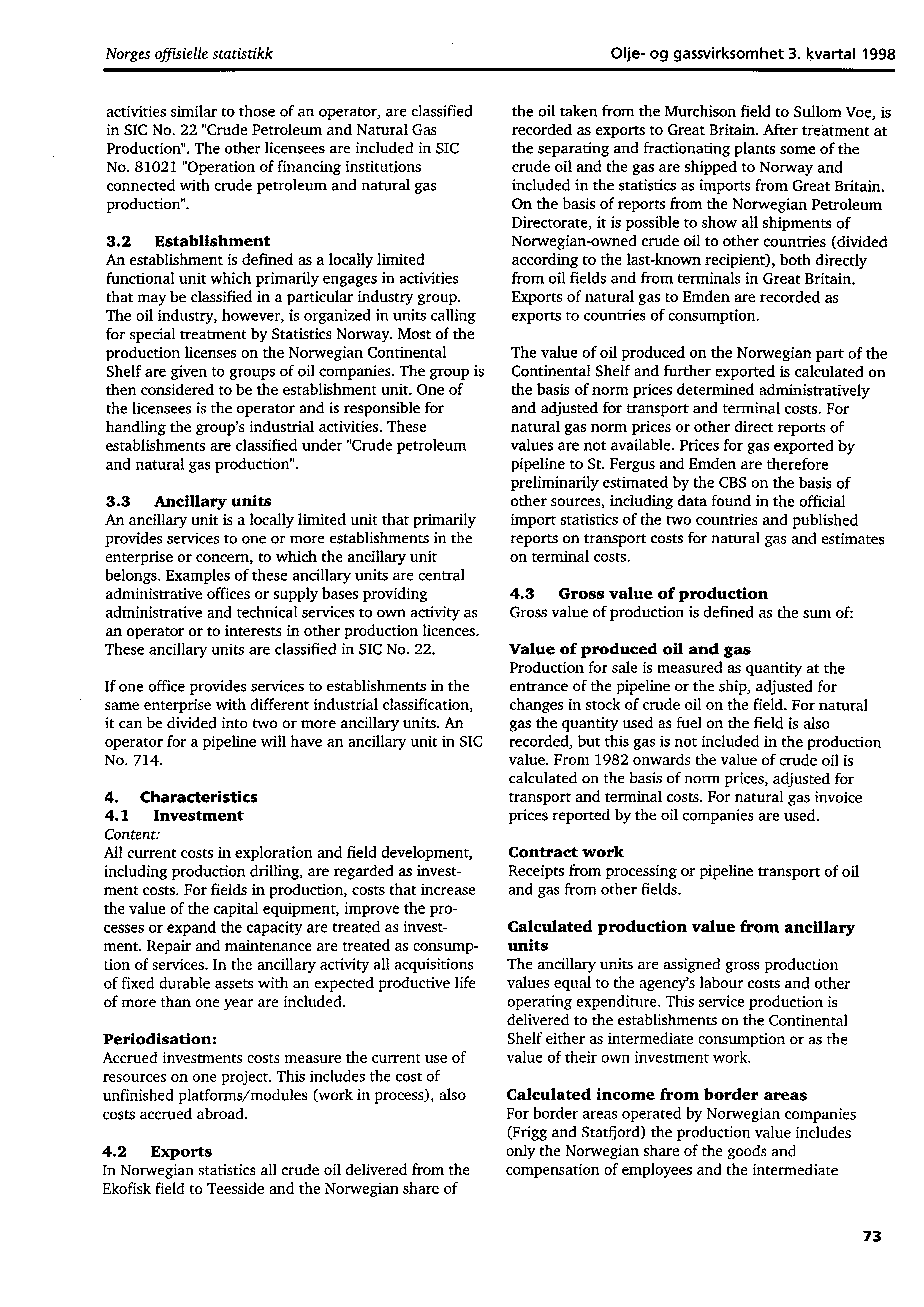 Norges offisielle statistikk Olje og gassvirksomhet 3. kvartal 1998 activities similar to those of an operator, are classified in SIC No. 22 "Crude Petroleum and Natural Gas Production".