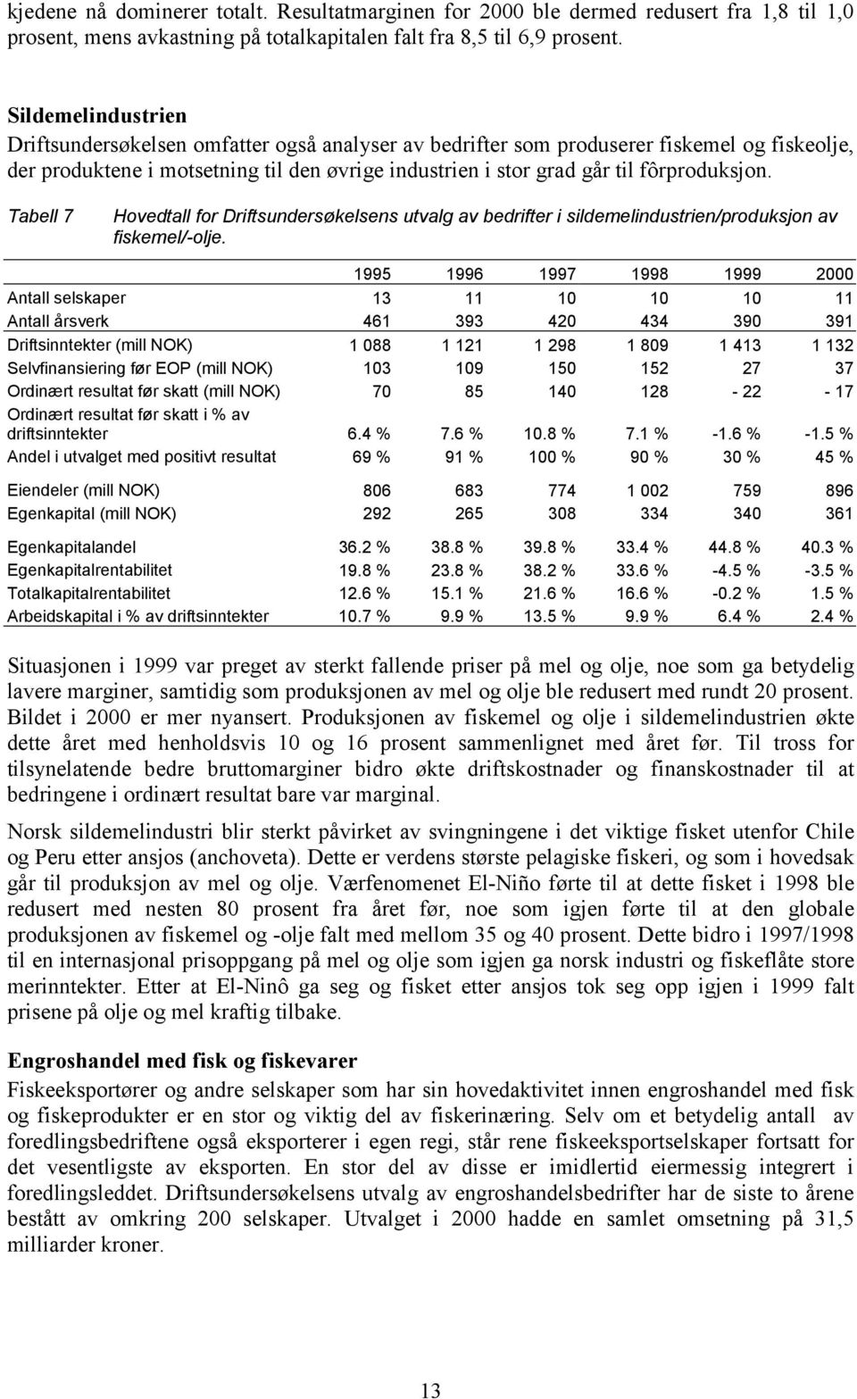 fôrproduksjon. Tabell 7 Hovedtall for Driftsundersøkelsens utvalg av bedrifter i sildemelindustrien/produksjon av fiskemel/-olje.