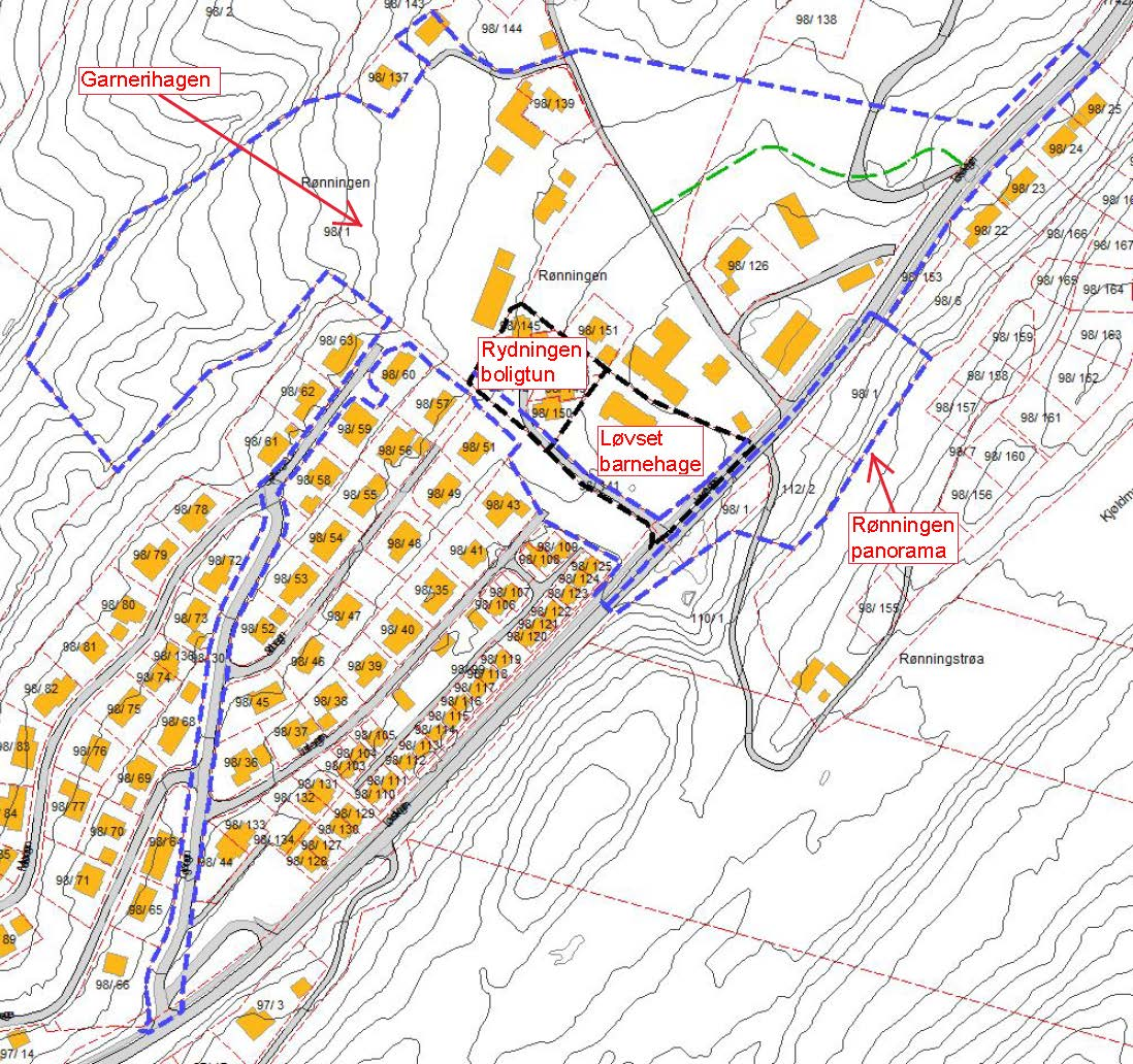 Kartutsnittet under viser forslag til avgrensning av planområdene med blåstiplet strek, hvor de to planområdene grenser til hverandre lang senterlinje på Løvsetvegen.