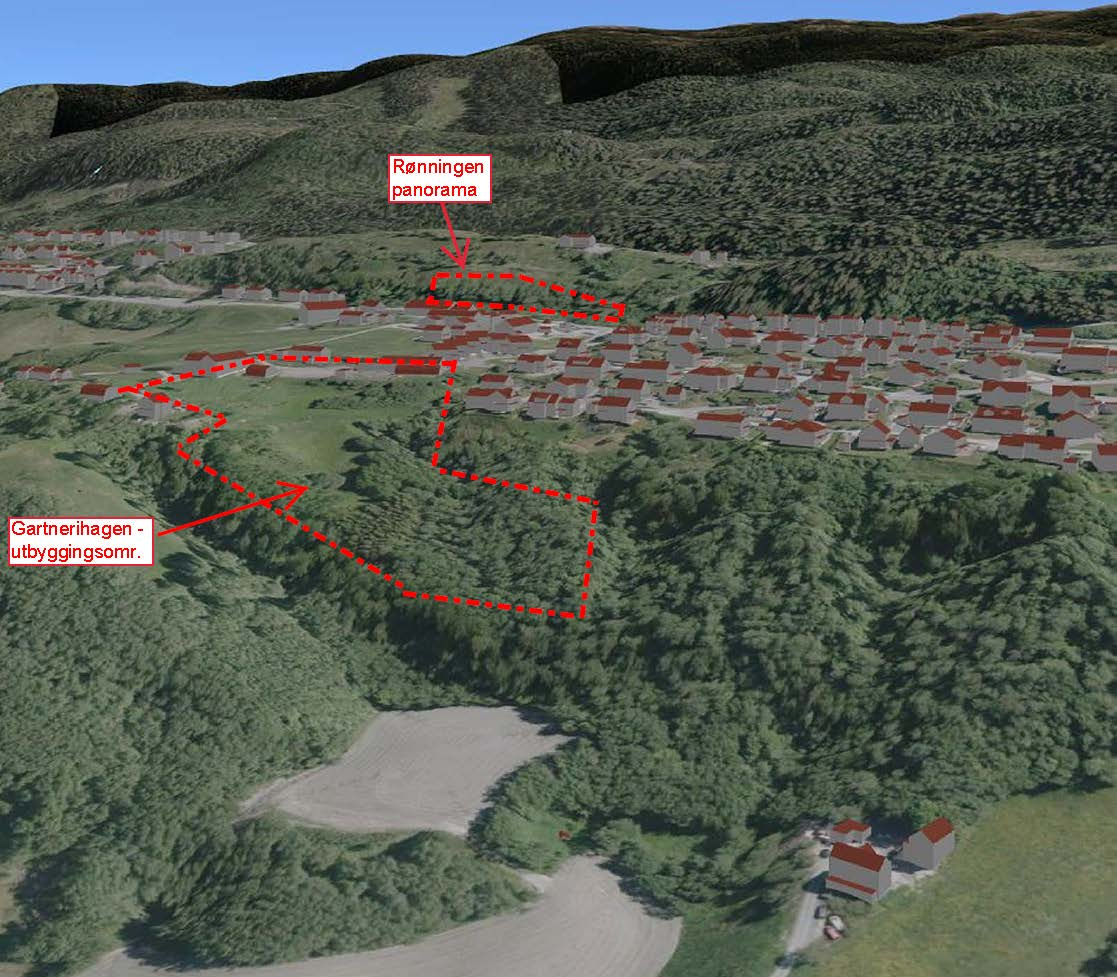 Under vises et modellert 3D-utsnitt ( Norkart - 3D.kommunekart.com) sett i fra vest.