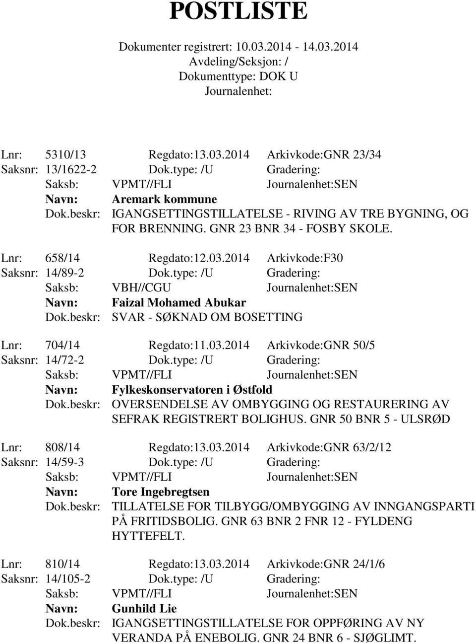 type: /U Gradering: Saksb: VBH//CGU SEN Faizal Mohamed Abukar Dok.beskr: SVAR - SØKNAD OM BOSETTING Lnr: 704/14 Regdato:11.03.2014 Arkivkode:GNR 50/5 Saksnr: 14/72-2 Dok.