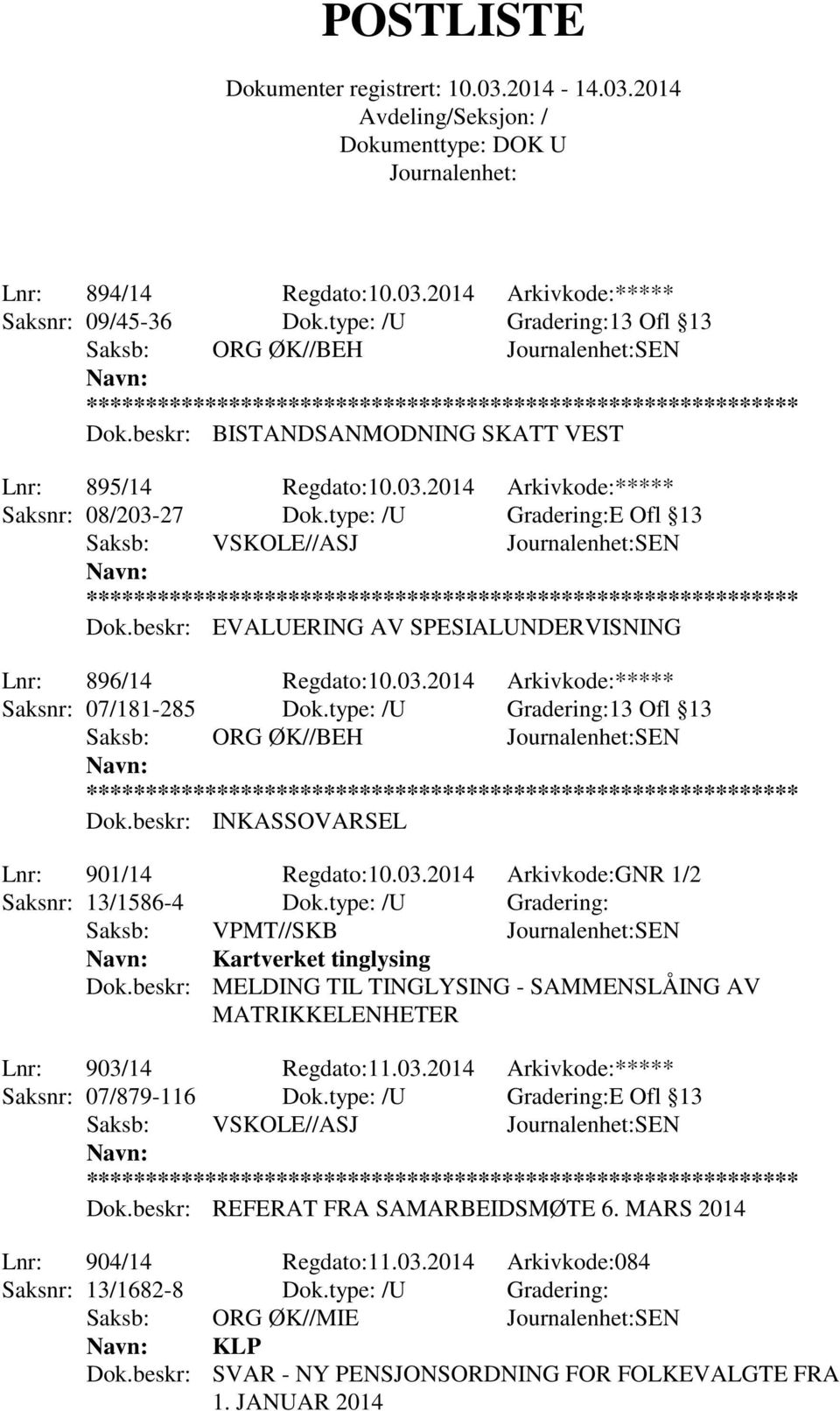 type: /U Gradering:13 Ofl 13 Saksb: ORG ØK//BEH SEN Dok.beskr: INKASSOVARSEL Lnr: 901/14 Regdato:10.03.2014 Arkivkode:GNR 1/2 Saksnr: 13/1586-4 Dok.