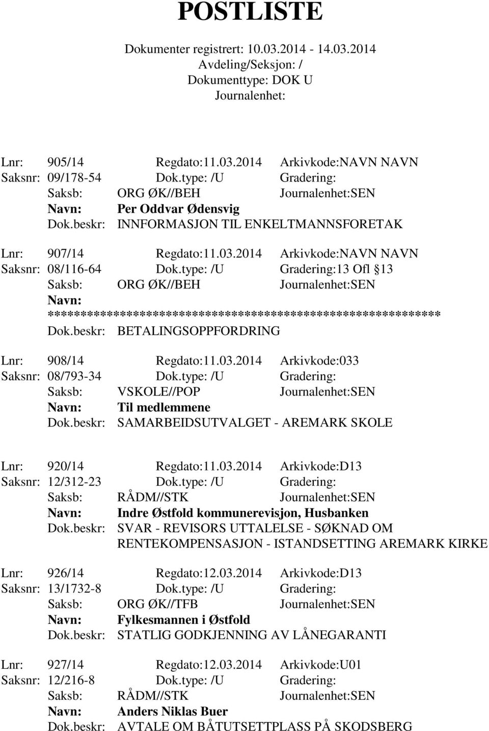 beskr: BETALINGSOPPFORDRING Lnr: 908/14 Regdato:11.03.2014 Arkivkode:033 Saksnr: 08/793-34 Dok.type: /U Gradering: Saksb: VSKOLE//POP SEN Til medlemmene Dok.