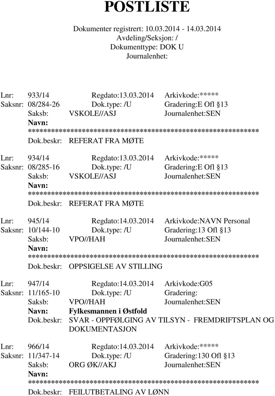 type: /U Gradering:13 Ofl 13 Saksb: VPO//HAH SEN Dok.beskr: OPPSIGELSE AV STILLING Lnr: 947/14 Regdato:14.03.2014 Arkivkode:G05 Saksnr: 11/165-10 Dok.