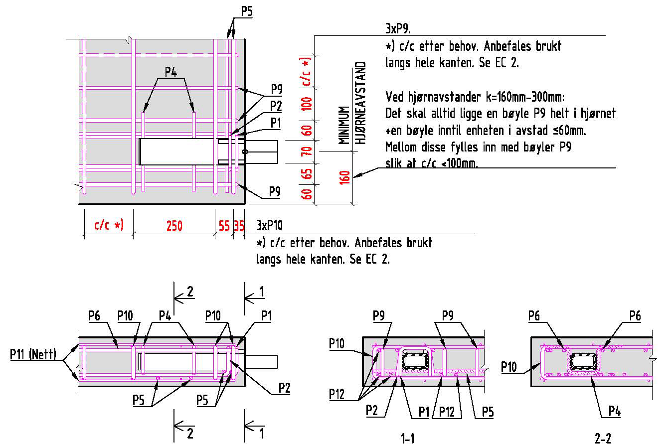 Figur 2: Anbefalt armeringsmønster for TSS 41 enheter.