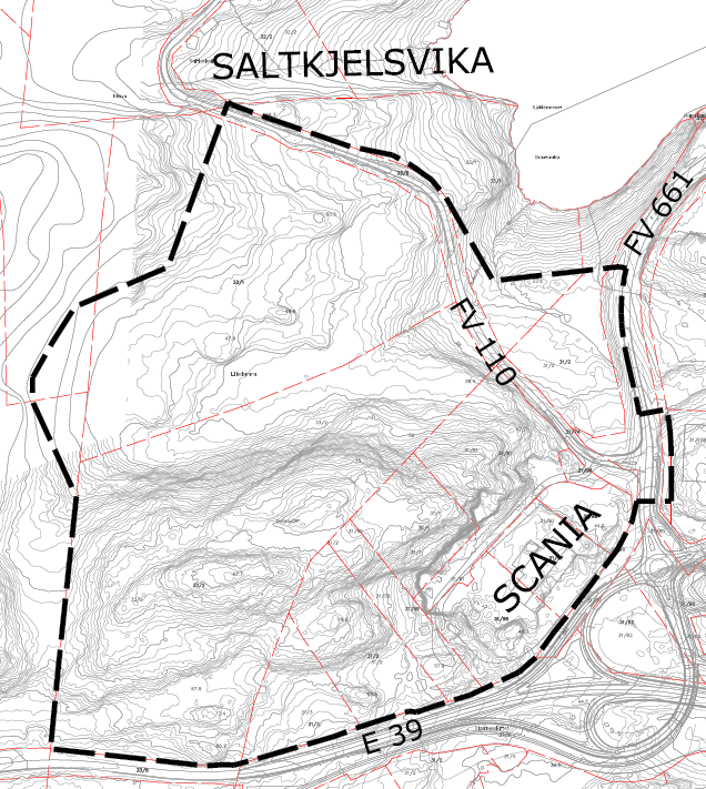 Figur 1-2: Digerneset befinner seg i Skodje kommune øst for Ålesund. Planområdet er markert med rød firkant (Kartverket). Figur 1-3: Planområdet markert med svart stiplete linje (Nordplan).