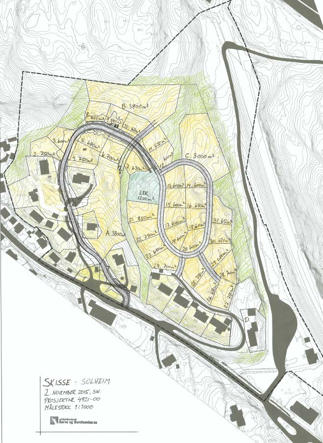 Side 4 Figur 2 Planskisse, datert 2.11.15, fra Børve og Borchsenius AS 2 Terreng og grunnforhold 2.1 Terreng Gamle E18 traseen i Kopledalen faller langs planområdet fra ca. kote +52 i nord til ca.