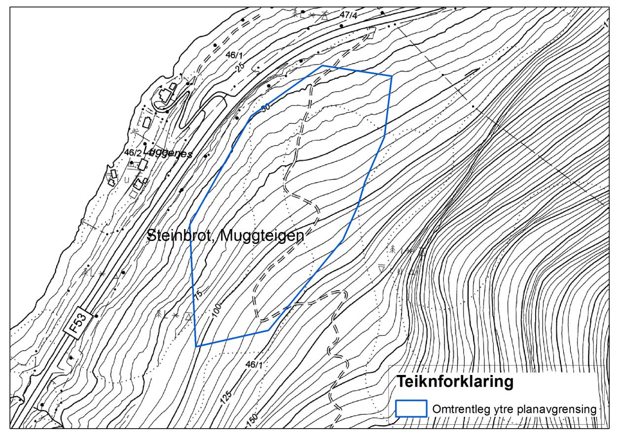 Skildring av planområdet Lokaliteten ligg i ei bratt, nordvend liside like over Rv 5, der den fylgjer Årdalsfjorden mellom Lærdal og Årdal. Frå vegen går ei fjellskjæring med furuskog over.