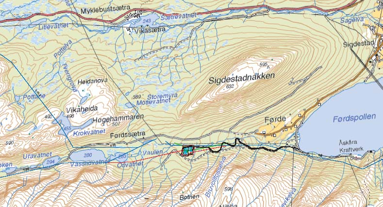 Kart 3. Stasjonsalternativ B (Firkant midt i kartet) og veitrasealternativ B (Svart strek) 5.2.1 Reiseliv Området benyttes i liten grad i forbindelse med reiseliv.