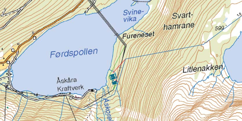 Kart 5. Alternativ D: Åskåra øst (Førdepollen) 5.5.1 Reiseliv Området benyttes i liten grad i forbindelse med reiseliv. Stasjonsalternativ D vil ha ingen effekt på reiselivsinteressene i området. 5.5.2 Friluftsliv En av de to viktigste innfallsportene til Ålfotbreen er stien opp fra Åskåra kraftverk.