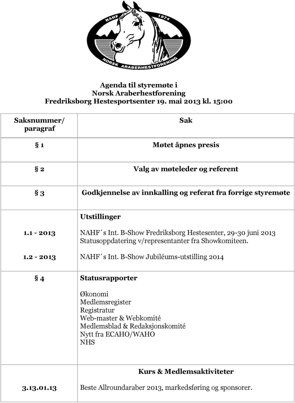 1.2-2013 4 3.13.01.13 Godkjennelse av innkalling og referat fra forrige styremøte Utstillinger NAHF s Int.