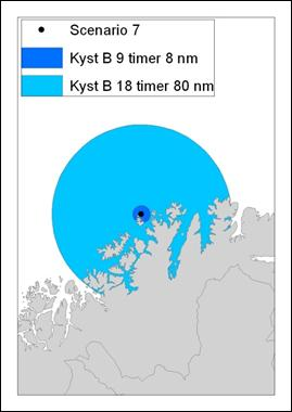 Gap-analyse for system kyst A Det kan ikke garanteres at noe system kyst A fra den norske Kystvakten vil nå frem innen 9 timer. Etter 18 timer tas ressurser fra Kystvakten i bruk (Figur 7.54).