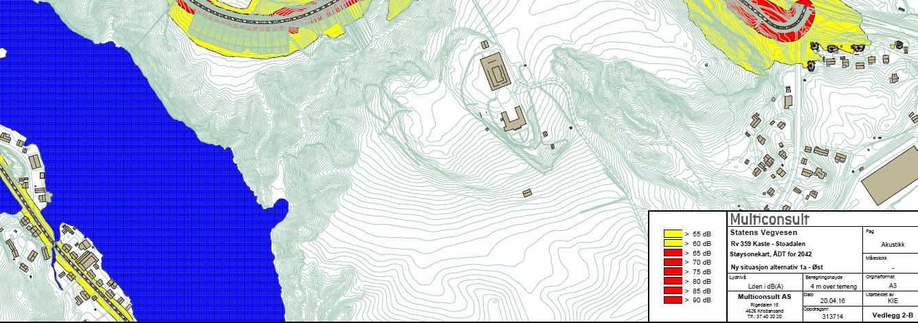 Eksisterende situasjon øst i planområdet Situasjon med alt 1A (viser kun støy fra ny trase ikke samlet støy situasjon)