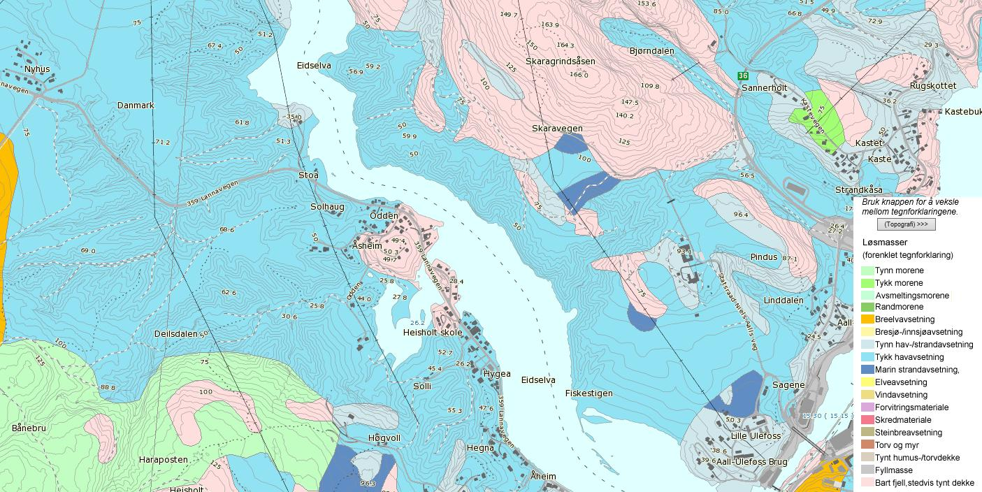 Hendelse 3 - Løsmasseskred Hele planområdet ligger under marin grense. På løsmassekart er største delen av arealene vist som «Tykk havavsetning».