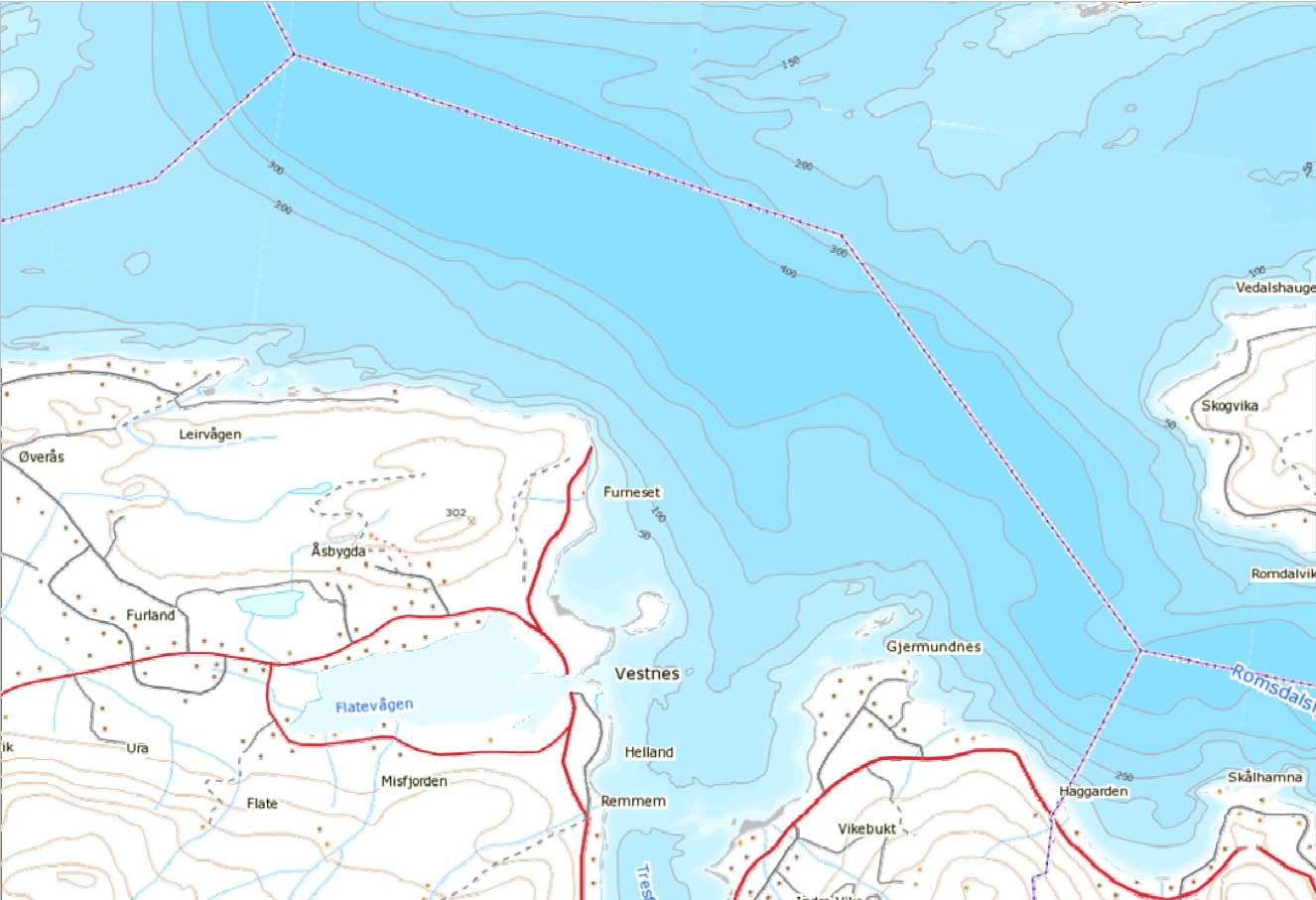 4 4 BØLGEBEREGNING Bølgehøyde utenfor Tresfjorden ved vind fra nordlig sektor er beregnet i to punkter, se Figur 3: A.
