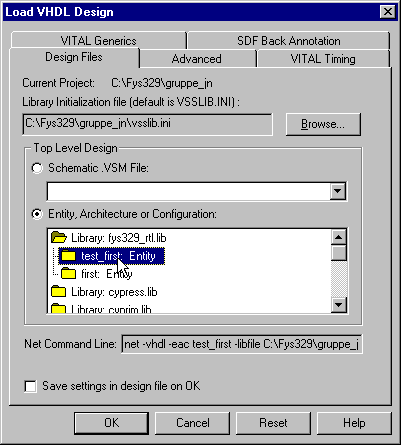 vinduet, velge t_first.vhd og Analyze Source File. Deretter aktivers Speedwave consolen. Her velges menyen File Load Design. Se figuren under P.g.a. at instansen av first i testbenchen er avhengig av entiteten first i first.