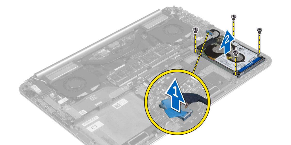 Ta ut harddisken 1. Følg prosedyrene i Før du arbeider inne i datamaskinen. 2. Ta av: a. bunndeksel b. batteri 3. Utføre følgende trinn for å fjerne harddisken fra datamaskinen: a.