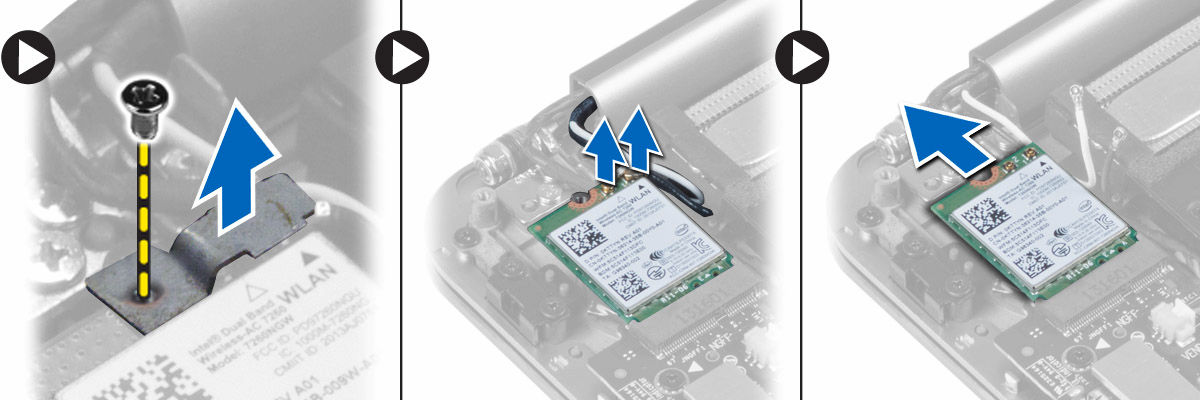 Sette inn WLAN-kortet 1. Innrett sporet på WLAN-kortet med tappen i kontakten for WLAN-kortet på I/U-kortet. 2. Innrett braketten som fester WLAN-kortet til håndleddstøtten. 3.