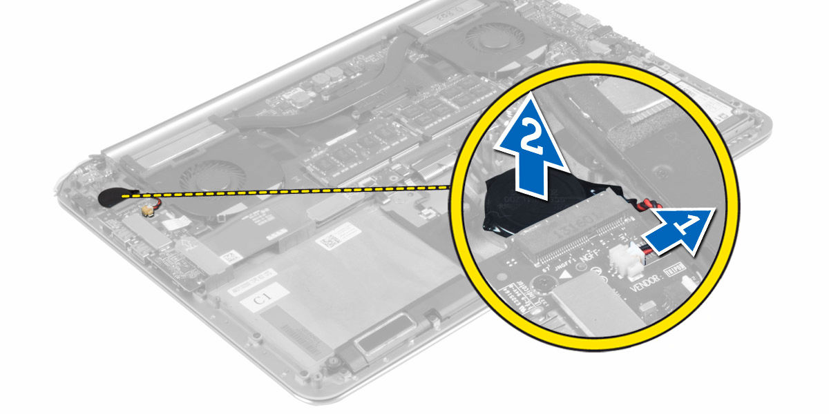 Sette inn klokkebatteriet 1. Sett klokkebatteriet inn i det tilhørende sporet i datamaskinen. 2. Koble klokkebatterikabelen til I/U-kortet. 3. Sett på plass: a. WLAN-kort b. batteri c. bunndeksel 4.