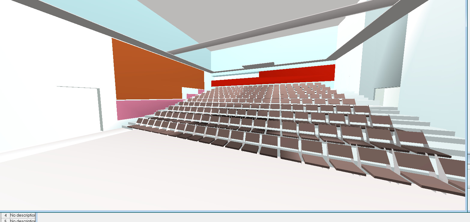 5.2 Kultursal med amfi trukket ut og lydabsorbenter på langvegg i akse DD For å tilfredsstille etterklangstidkravet som gjelder for auditorier i NS 8175(lilla linje i figur/universell utforming) må