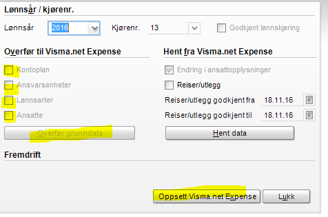 Manuell overføring av data En manuell overføring av data mellom Visma Lønn og Visma.net Expense kan utføres i meny «Rutiner Registrering Visma.net Expense» dersom fast synkronisering ikke er satt opp.