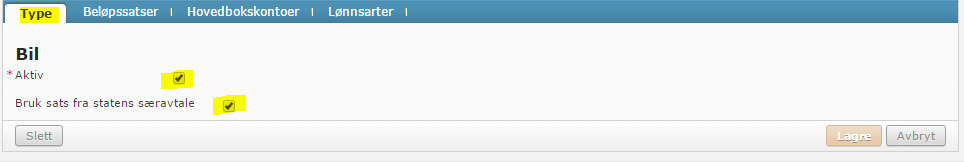I fliken «Type» på reise-/utleggstypen kan du definere om typen skal være aktiv eller passiv. Reise-/ utleggstyper som ikke er aktive vil ikke kunne benyttes i reiseregningene.