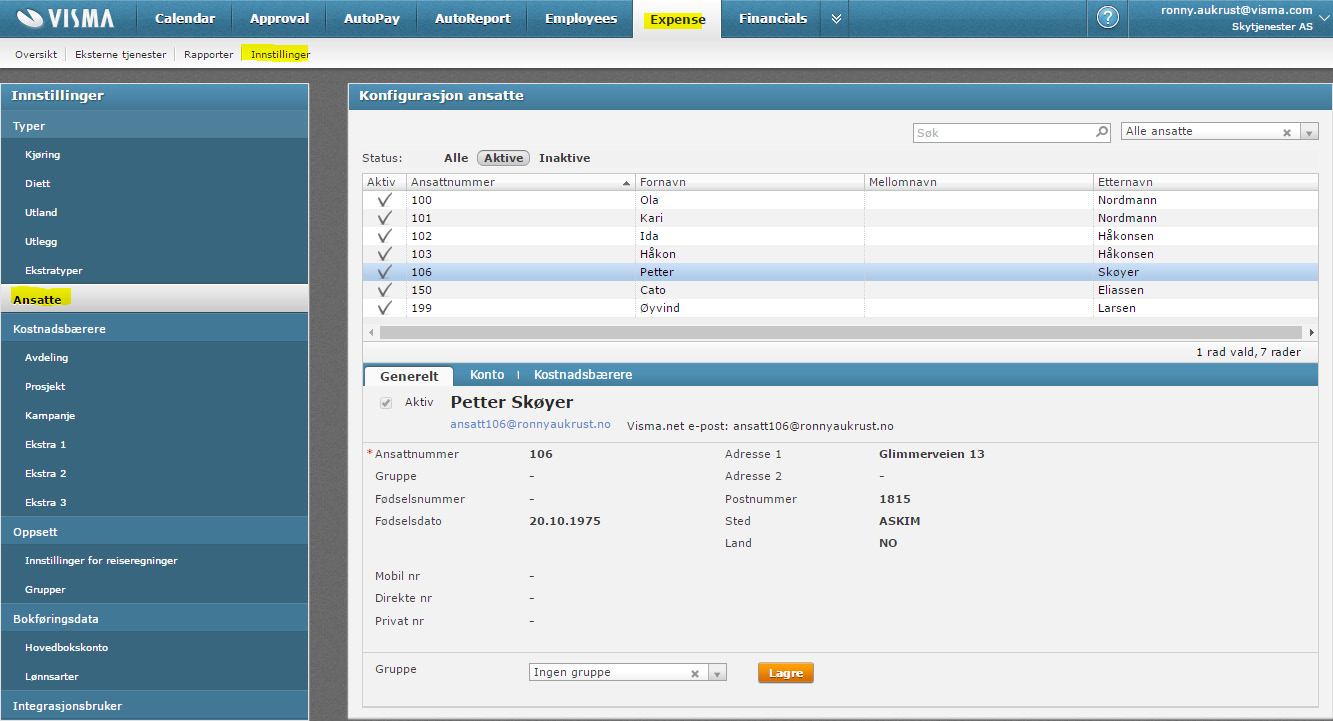 Ansatte Ansatte som er overført fra Visma Lønn vil finnes her med de opplysninger som er relevant for Visma.net Expense.