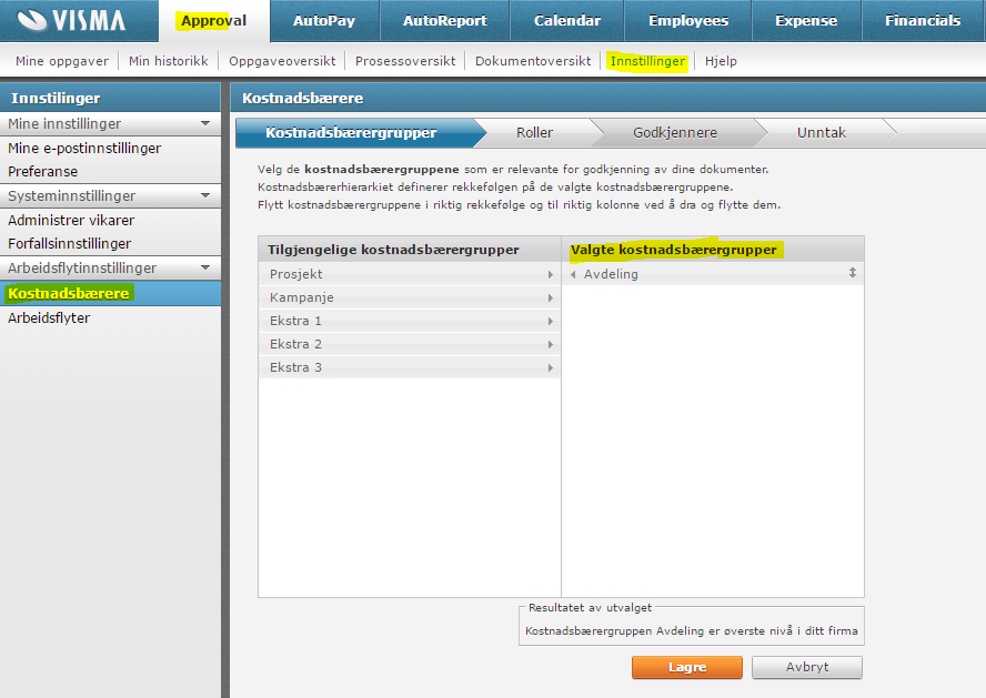 Visma.net Approval 01/17 Oppsett av godkjenning for reiseregninger Under «Innstillinger» i Visma.