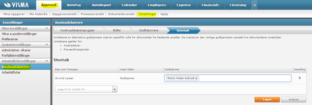 I Godkjennere definerer man hvilke brukere som skal godkjenne i Visma.net Approval basert på kostnadsbærergruppen.