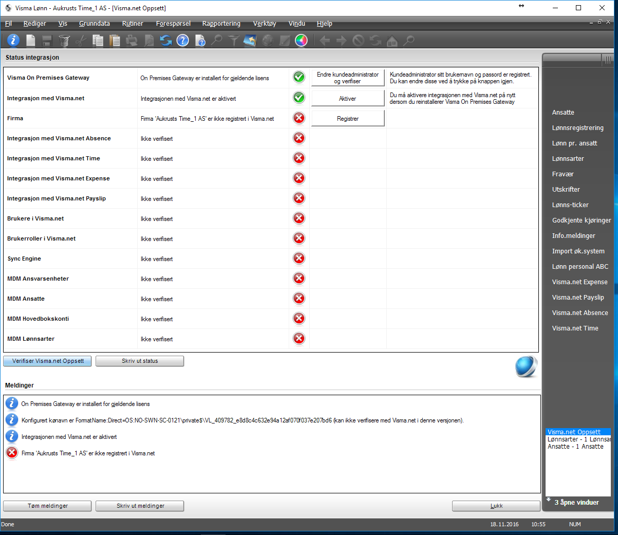 Når klienten første gang skal defineres må Visma OnPremiseGateway være installert med samme brukernavn som er «Customer Administrator» i Visma.net (kontakt din IT-leverandør for dette).