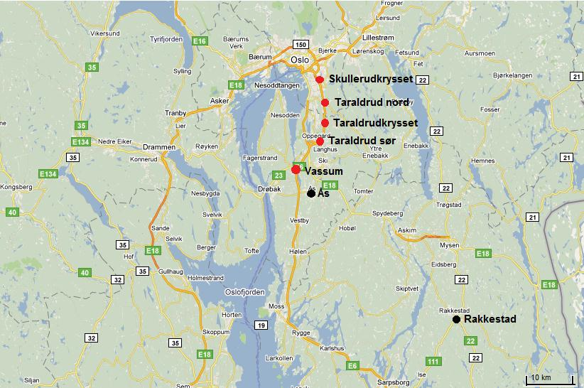 3 Materialer og metode 3.1 Områdebeskrivelse Rensebassengene som er brukt i denne studien befinner seg langs E6 mellom Oslo- og Ås kommune i Akershus fylke, og inkluderer fem basseng.