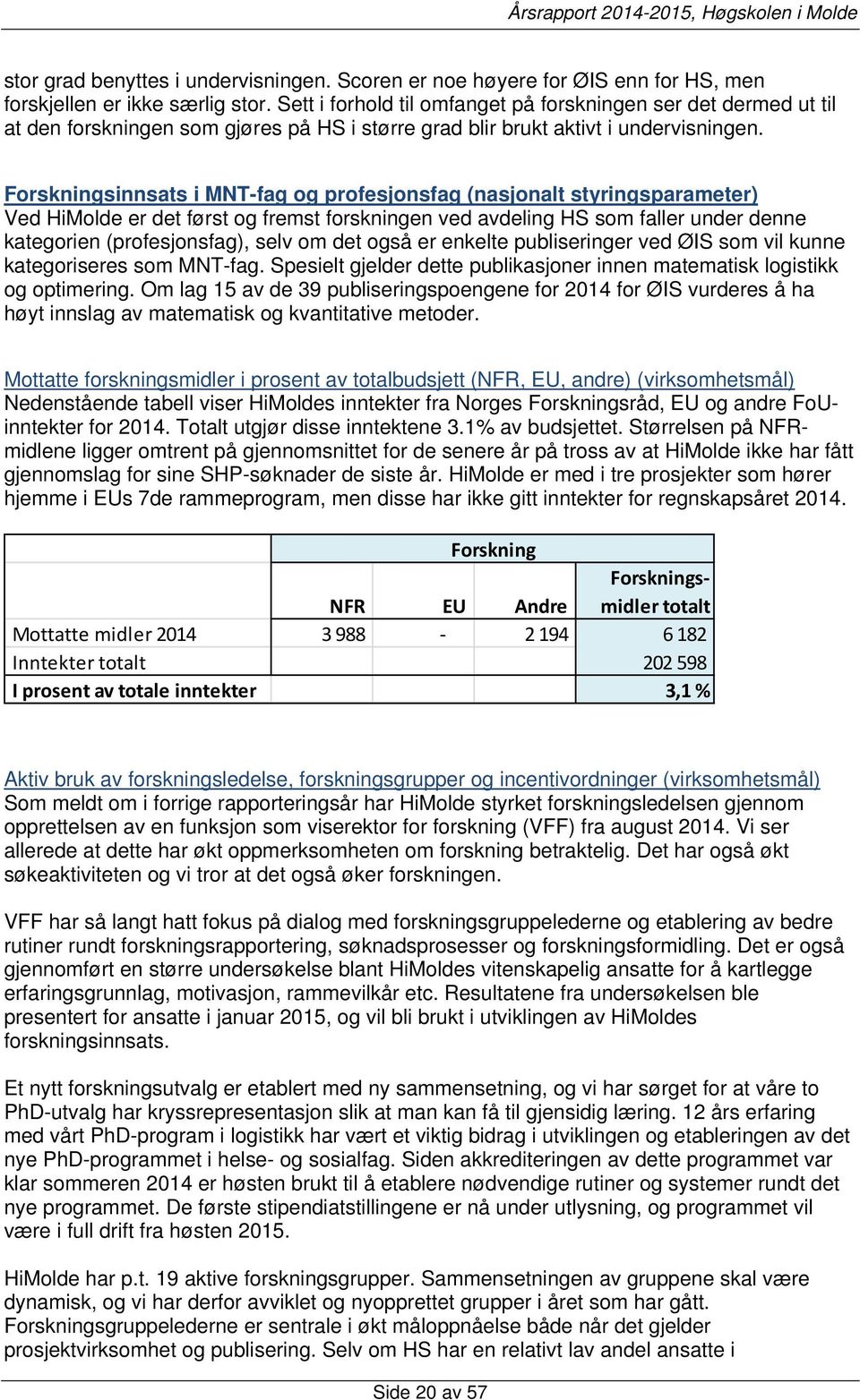 Forskningsinnsats i MNT-fag og profesjonsfag (nasjonalt styringsparameter) Ved HiMolde er det først og fremst forskningen ved avdeling HS som faller under denne kategorien (profesjonsfag), selv om