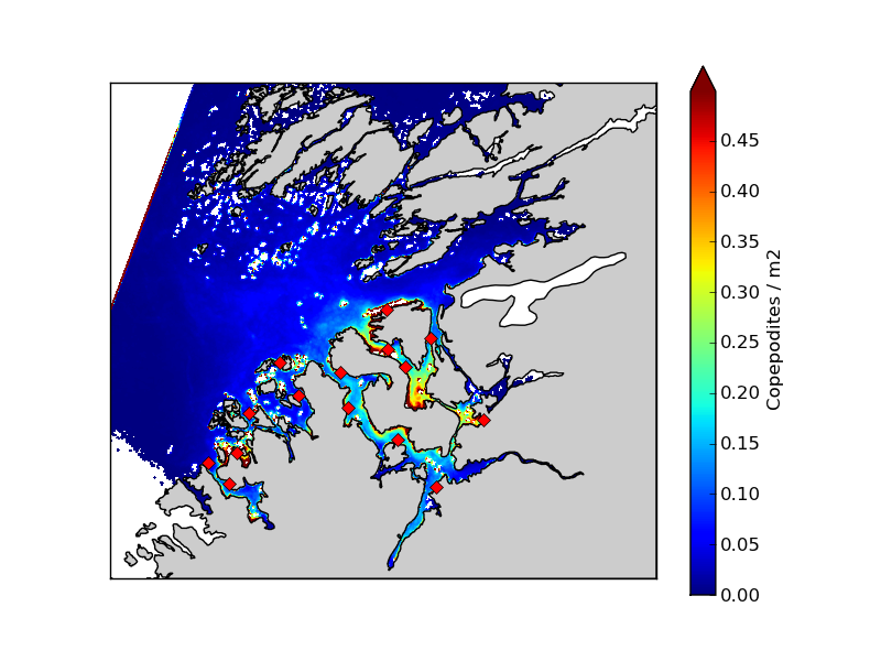 Ved å redusere antallet anlegg, går de totale konsentrasjonene ned (Figur 5). Forholdene i Namsfjorden er fortsatt gode og konsentrasjonene har gått ned i fjordsystemet mot nord.