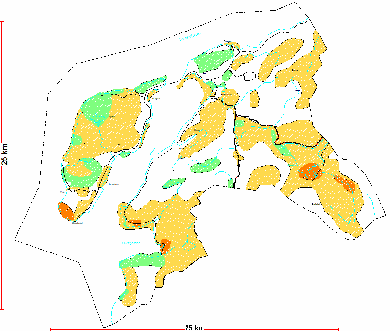 Fig.11 Områdene er prioriterte viltområder i kommunen. Svært viktige viltområder(mørk), viktige områder(orange).