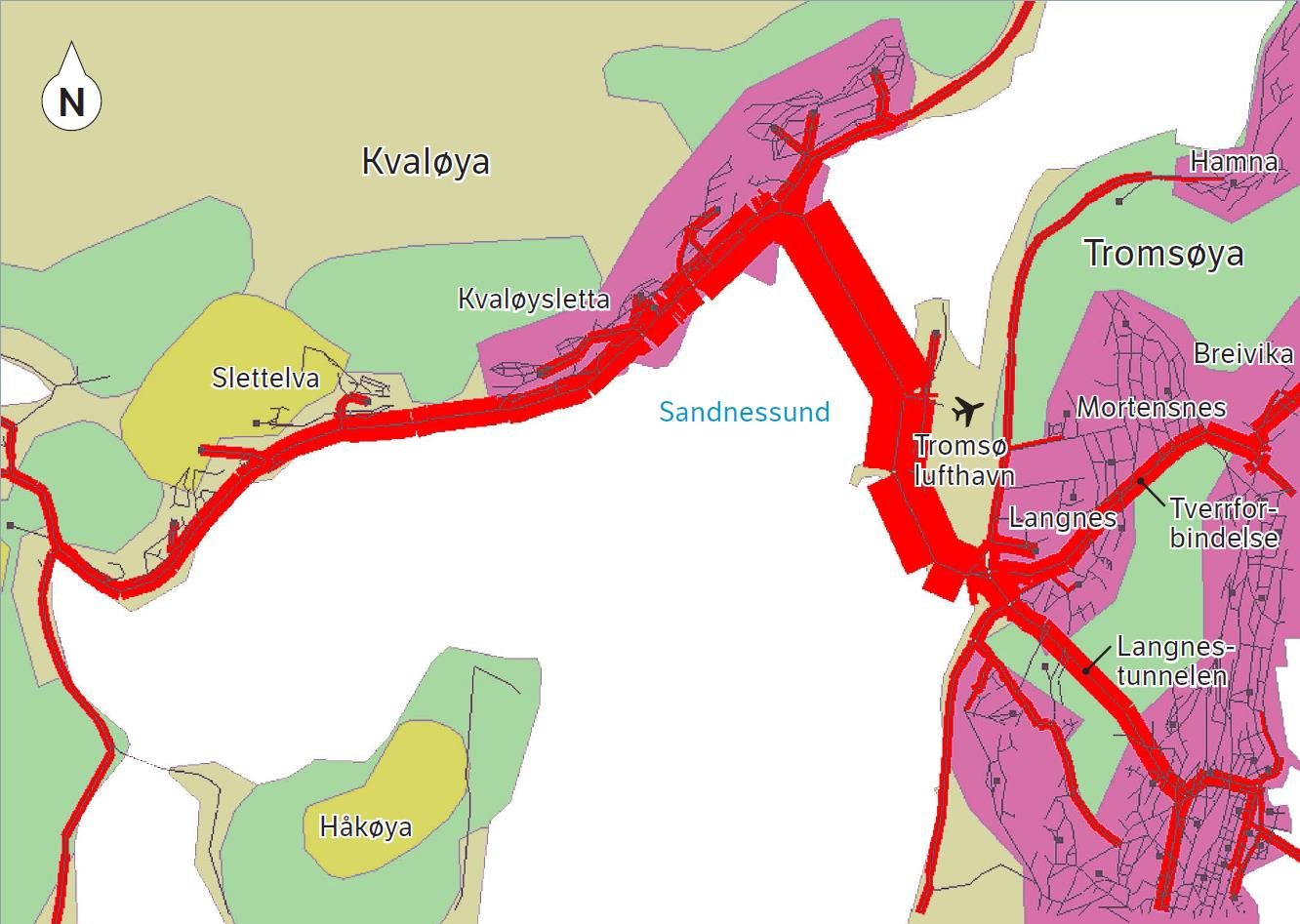 Figur 12 Trafikkstrøm til og fra Kvaløya Figuren illustrerer hvor trafikken til og fra Kvaløya går. Bredden på de røde strekene viser størrelsen på trafikken.