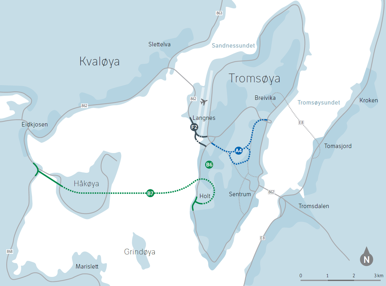 Figur 26 Kartskisse alternativ 8 (A4+B7) Alternativ 8: Breivika (ved Breivikatunnelen) Langnes (ved Langnestunnelen) Holt Håkøya Kvaløya (A4+B7) Alternativet baserer seg på å utnytte eksisterende