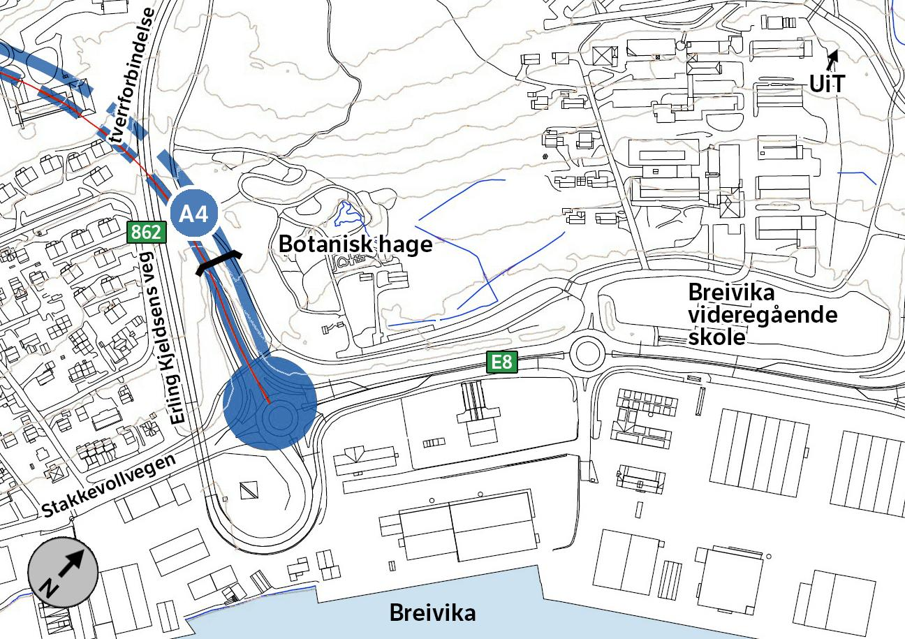 Figur 33 Påhuggsområde og tilknytningspunkt i Breivika for alternativ A3, A5