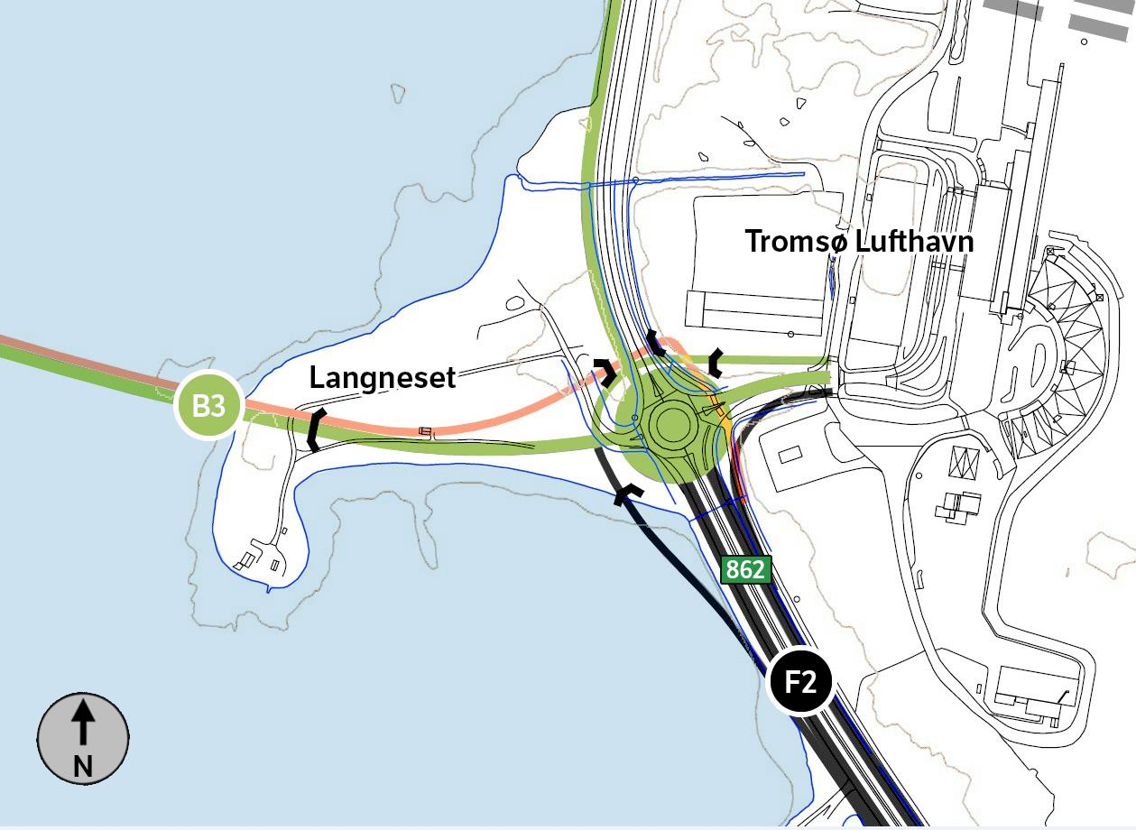 Figur 40 Variant av B7 (B7b) som kobler tunnel fra Håkøya til sørlig rundkjøring i Sentrumstangenten 3.5.